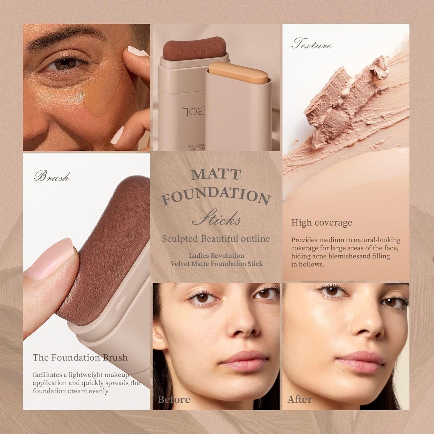 Foundation Stick, Built-In Foundation Brush, Contour Stick Makeup, Long-Lasting Waterproof Natural Velvet Matte