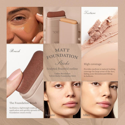 Foundation Stick, Built-In Foundation Brush, Contour Stick Makeup, Long-Lasting Waterproof Natural Velvet Matte